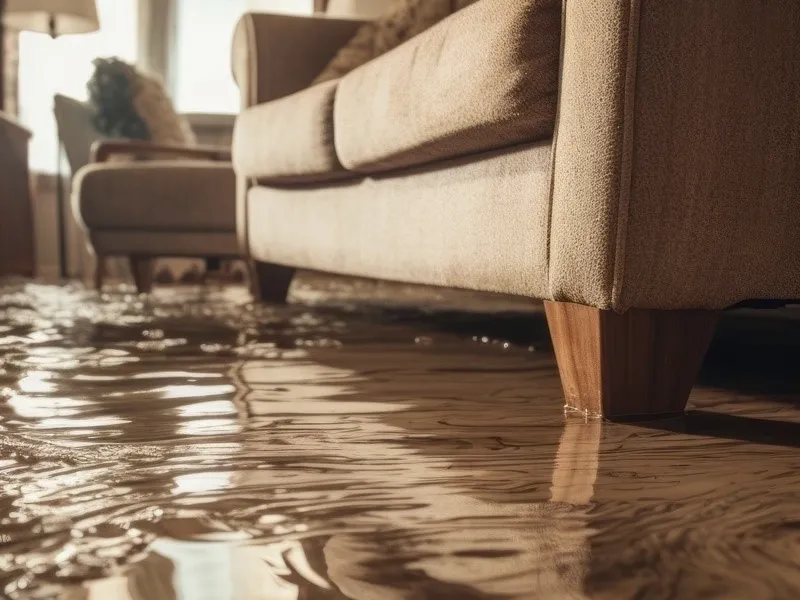 Salon inondé avec de l'eau stagnante autour d'un canapé