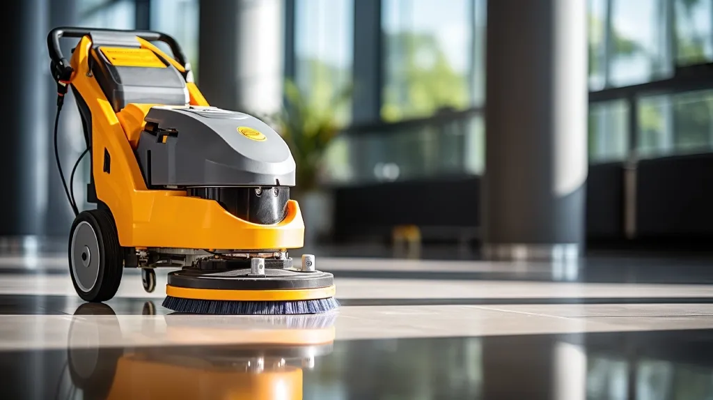 Autolaveuse professionnelle jaune sur le sol brillant d'un hall lumineux