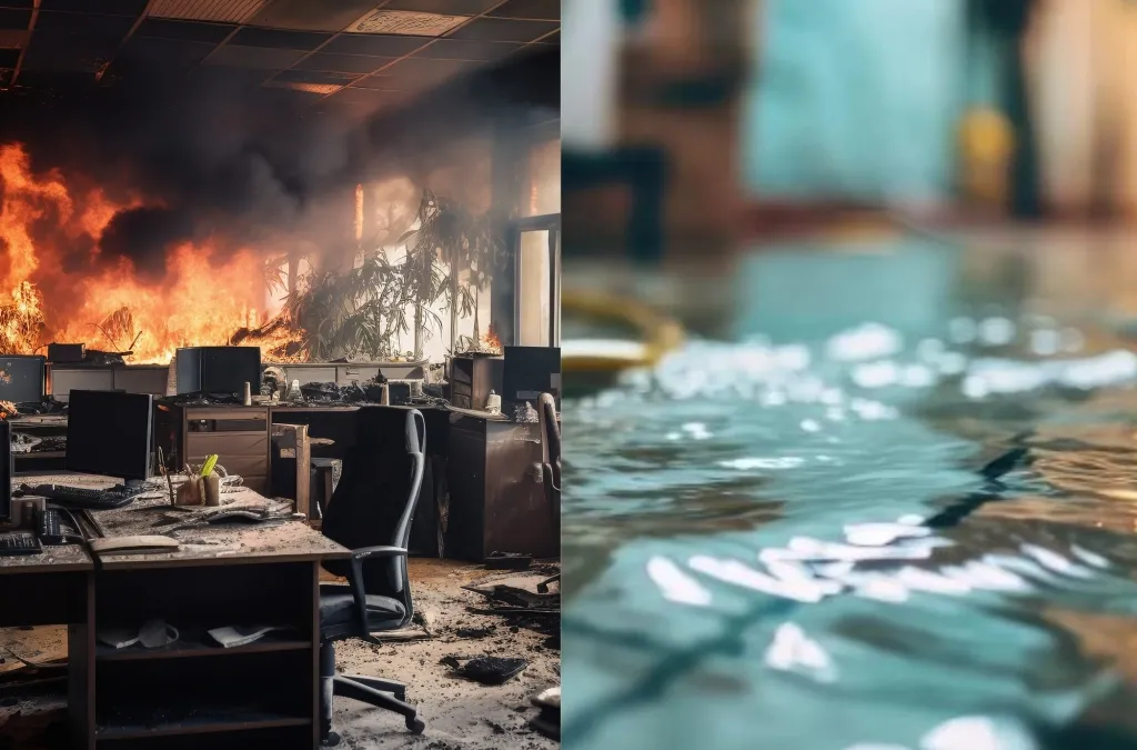 Montage montrant un bureau touché par un incendie et un local avec de l'eau stagnante