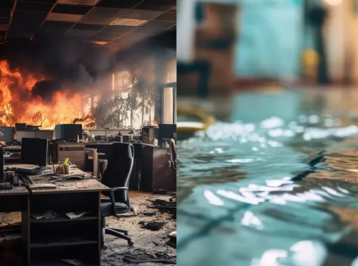 Montage montrant un bureau touché par un incendie et un local avec de l'eau stagnante