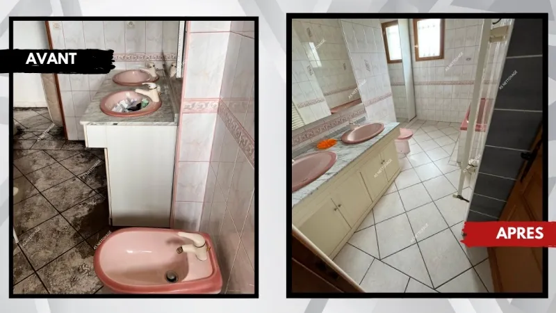Comparatif avant et après d'une salle de bain, avec un sol noirci puis nettoyé