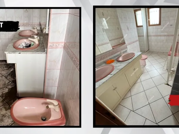 Comparatif avant et après d'une salle de bain, avec un sol noirci puis nettoyé
