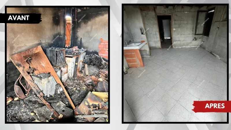Comparatif avant et après d'une pièce touchée par un incendie, encombrée de débris puis entièrement dégagée